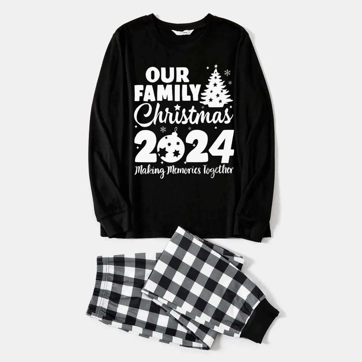 Christmas Tree & "2024 Making Memories Together" Patterned Black & White Plaid Pajamas Set