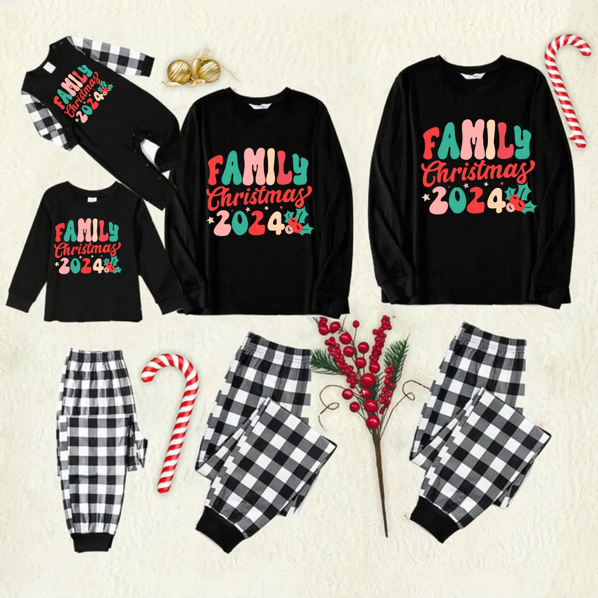 Christmas Tree & "2024 Making Memories Together" Patterned Black & White Plaid Pajamas Set