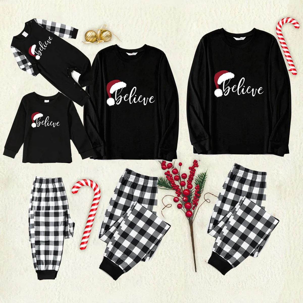 Christmas Tree & "2024 Making Memories Together" Patterned Black & White Plaid Pajamas Set