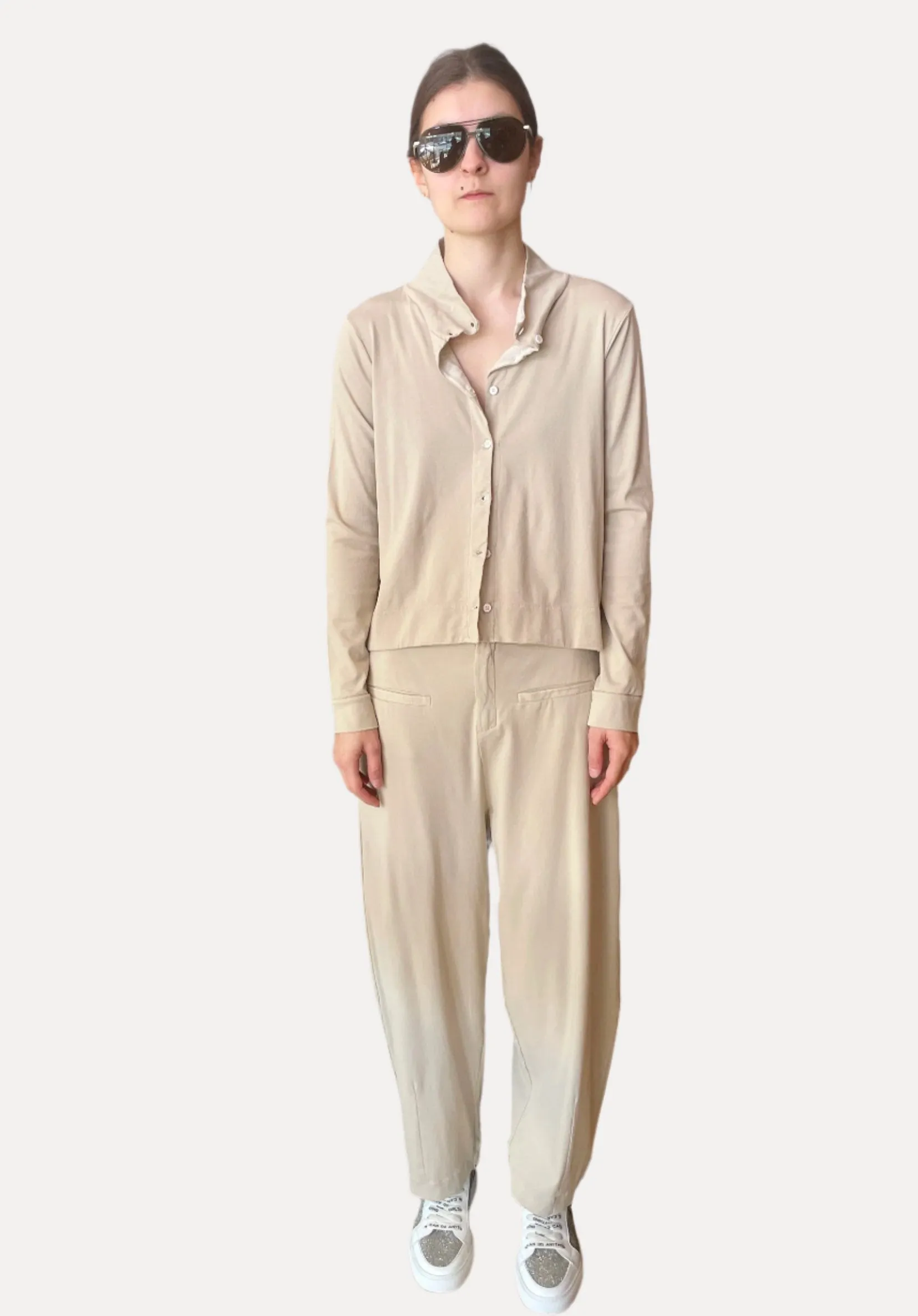 Comfort Fit Stretch Cotton Jersey Trousers - Sand