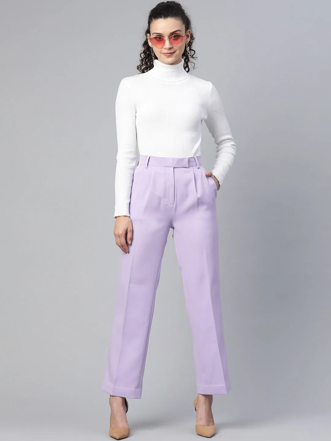 Comfort Fit Stretch Mid Waist Pleated Trouser - Lavender