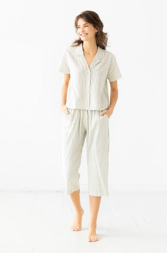 Cropped Button Down-High Waisted  Striped Capri