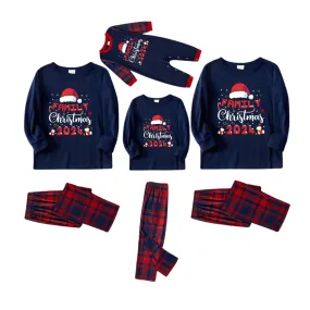 Cute "Family Christmas 2024" Pattern Printed Red and Blue Plaid Christmas Matching Pajamas