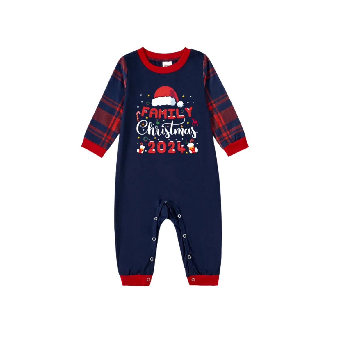 Cute "Family Christmas 2024" Pattern Printed Red and Blue Plaid Christmas Matching Pajamas