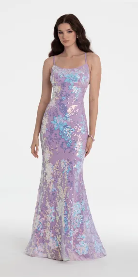 Double Clasp Back Floral Sequin Mermaid Dress