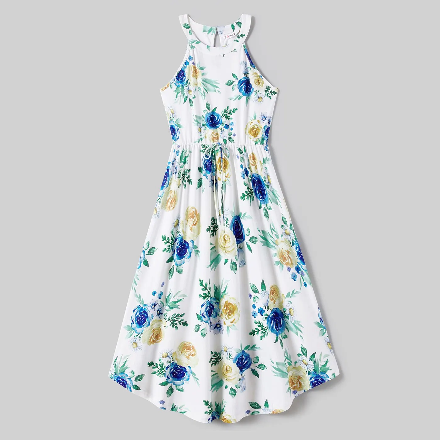 Family Matching Allover Floral Print Drawstring Waist Halter Neck Dresses and Color Block Short-sleeve T-shirts Sets