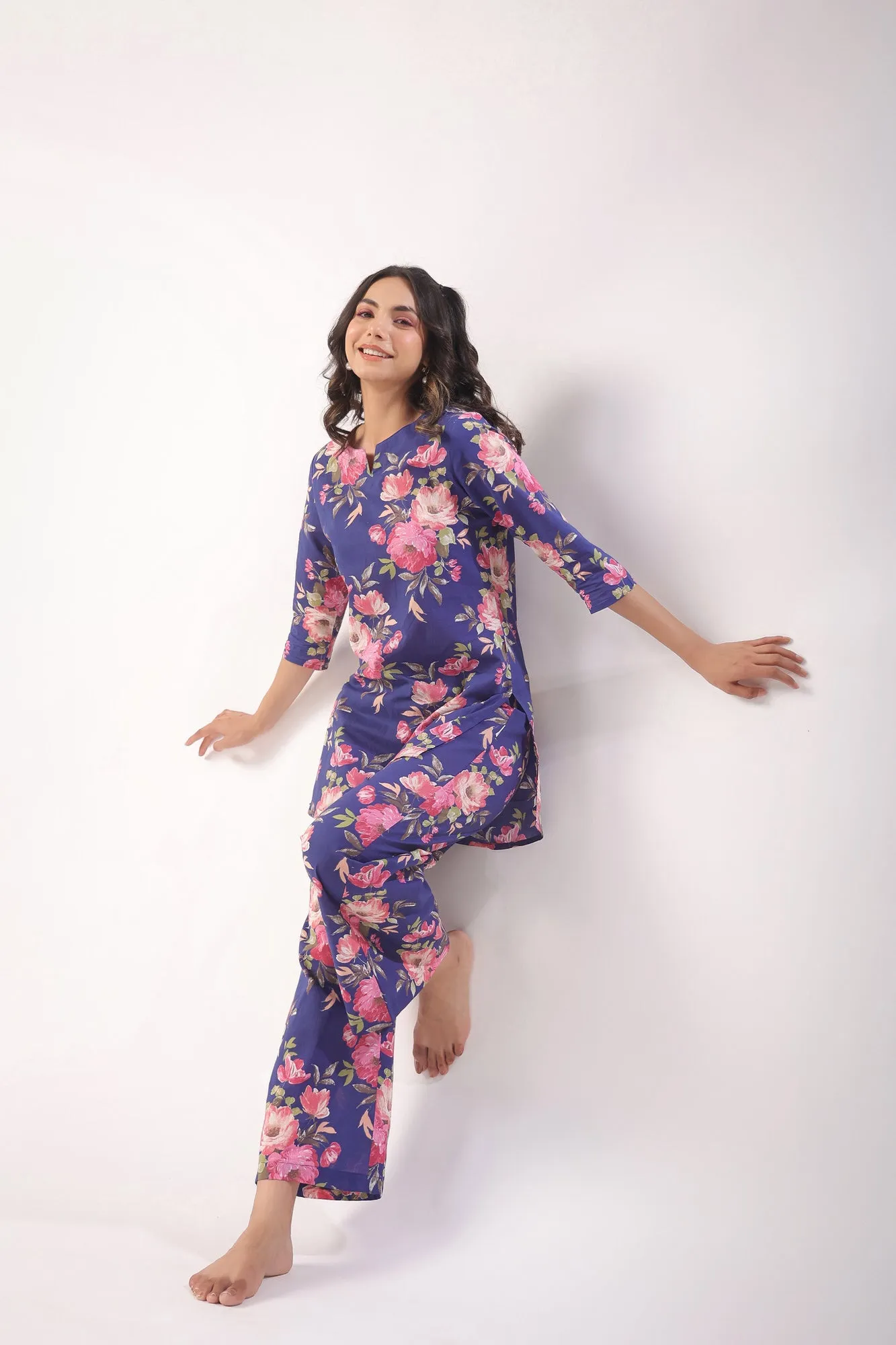 Floral Bouquet on Indigo Cotton Palazzo Loungewear Set