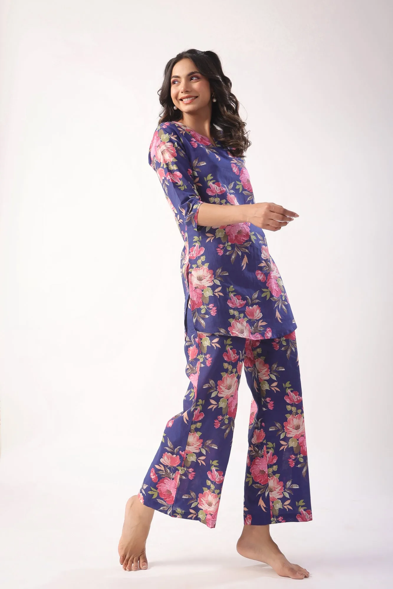 Floral Bouquet on Indigo Cotton Palazzo Loungewear Set