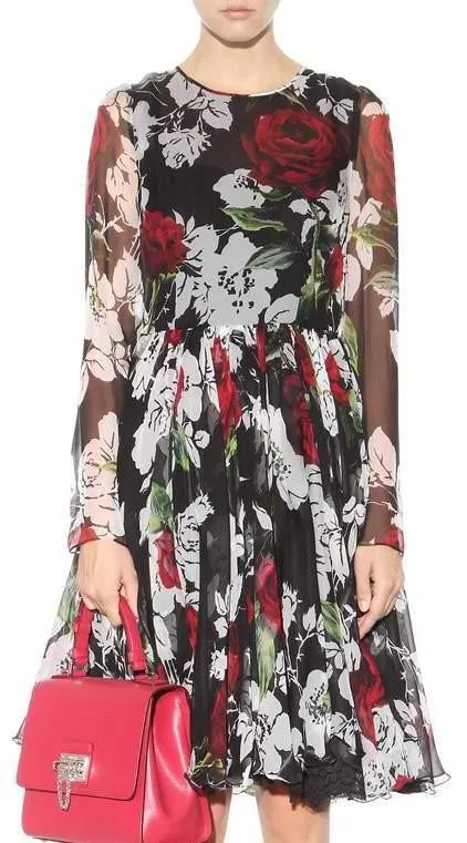 Floral Print Silk Pleated Dress