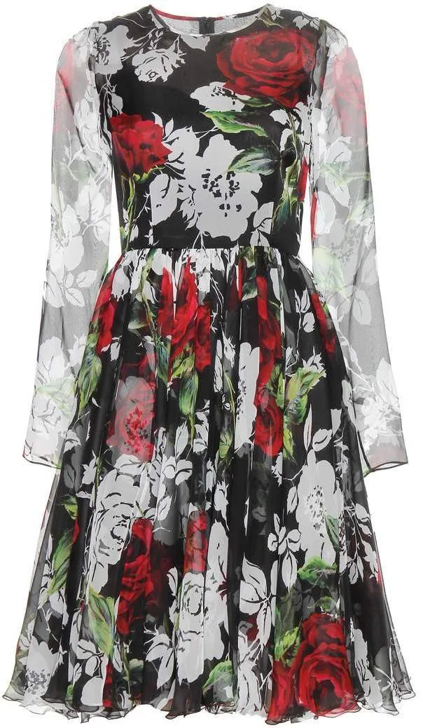 Floral Print Silk Pleated Dress