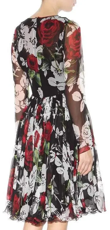 Floral Print Silk Pleated Dress