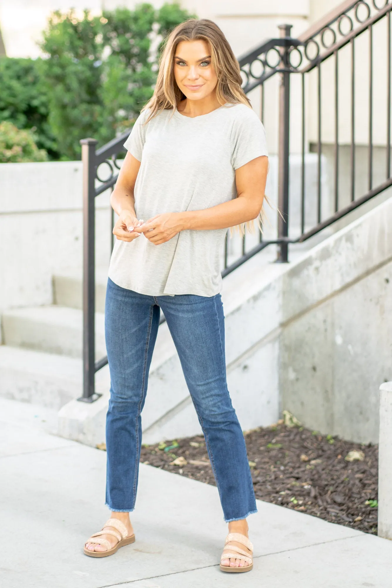 Flowy Round Hem Rayon Short Sleeve Top Heather Grey