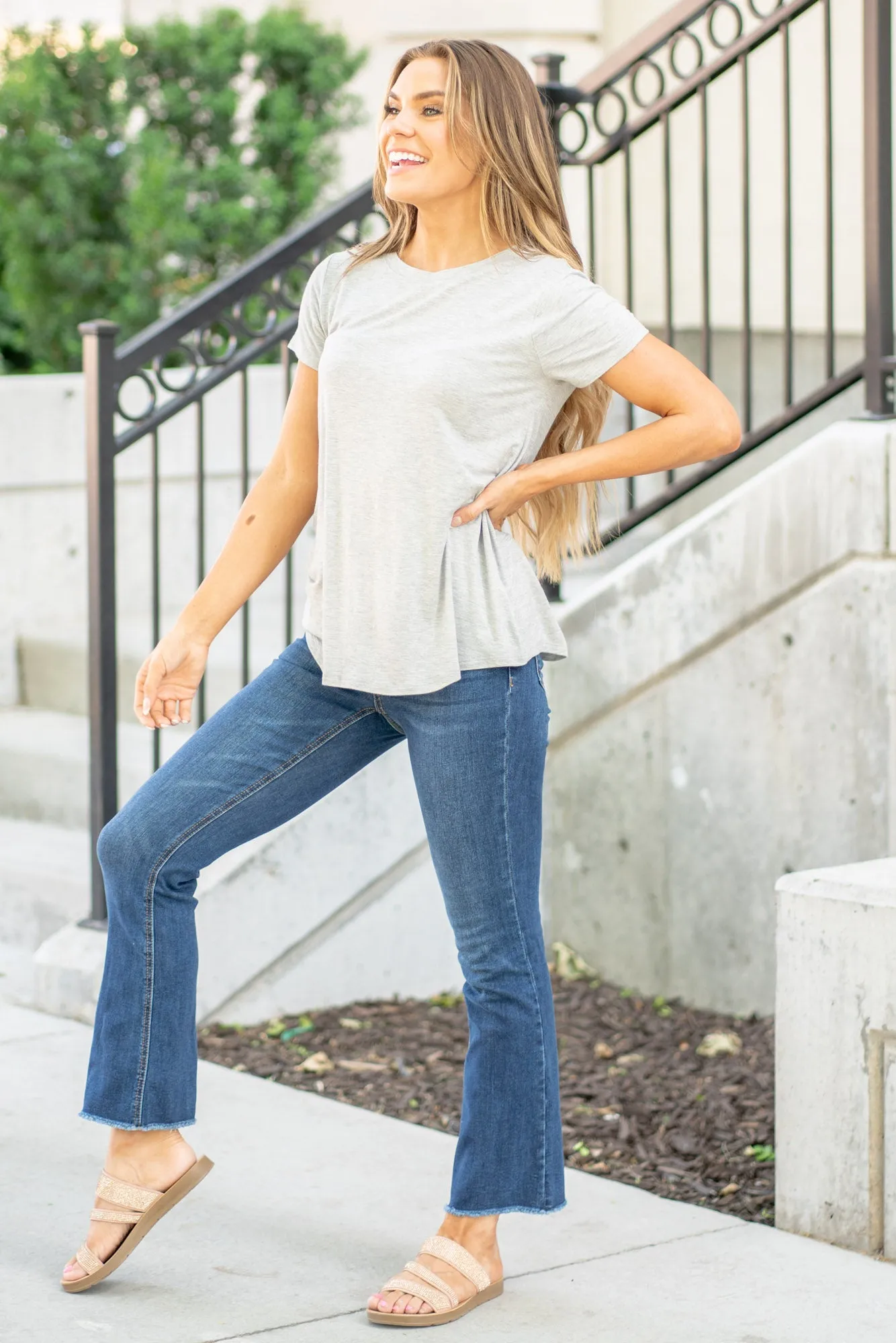 Flowy Round Hem Rayon Short Sleeve Top Heather Grey