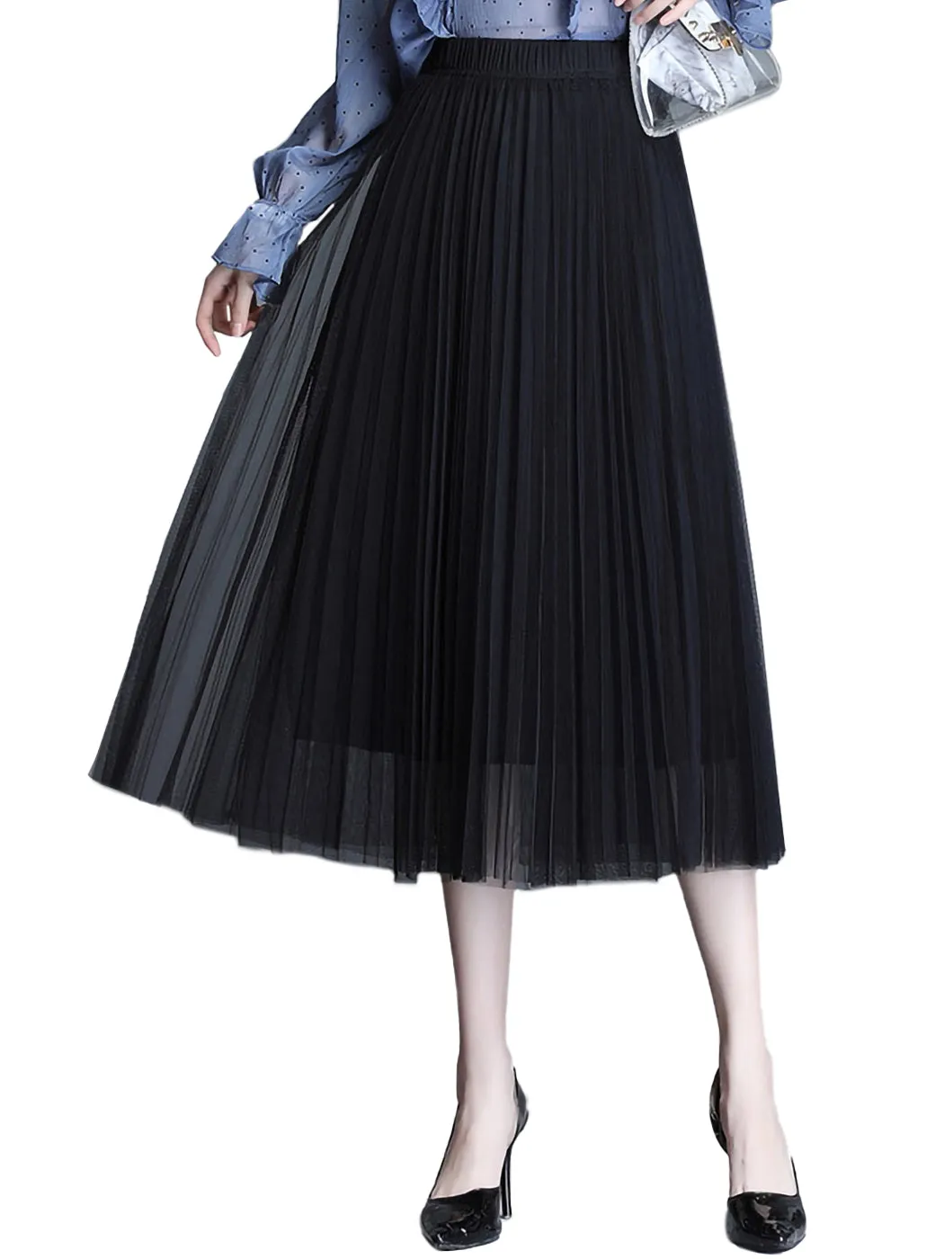 Flowy Tulle Pleated Midi Skirt