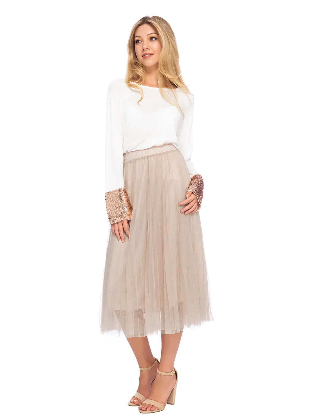 Flowy Tulle Pleated Midi Skirt