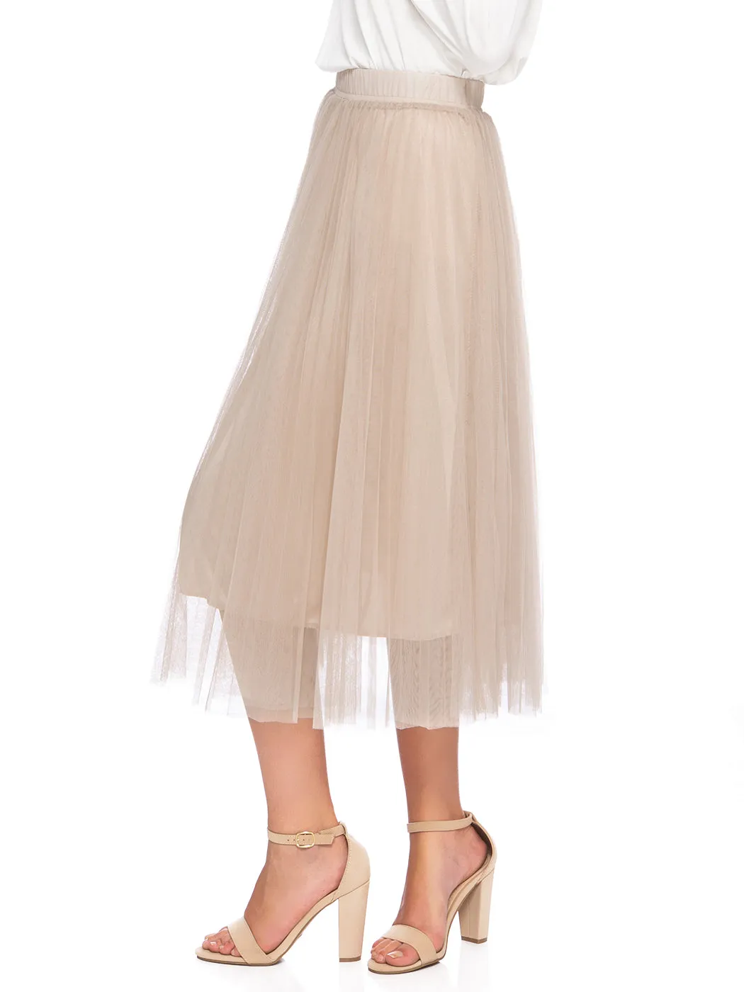 Flowy Tulle Pleated Midi Skirt