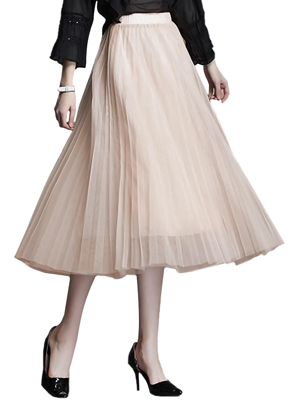 Flowy Tulle Pleated Midi Skirt