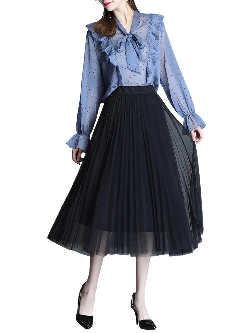 Flowy Tulle Pleated Midi Skirt