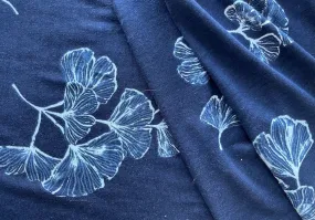 Graceful Indigo & White Ginkgo Leaves Viscose Knit