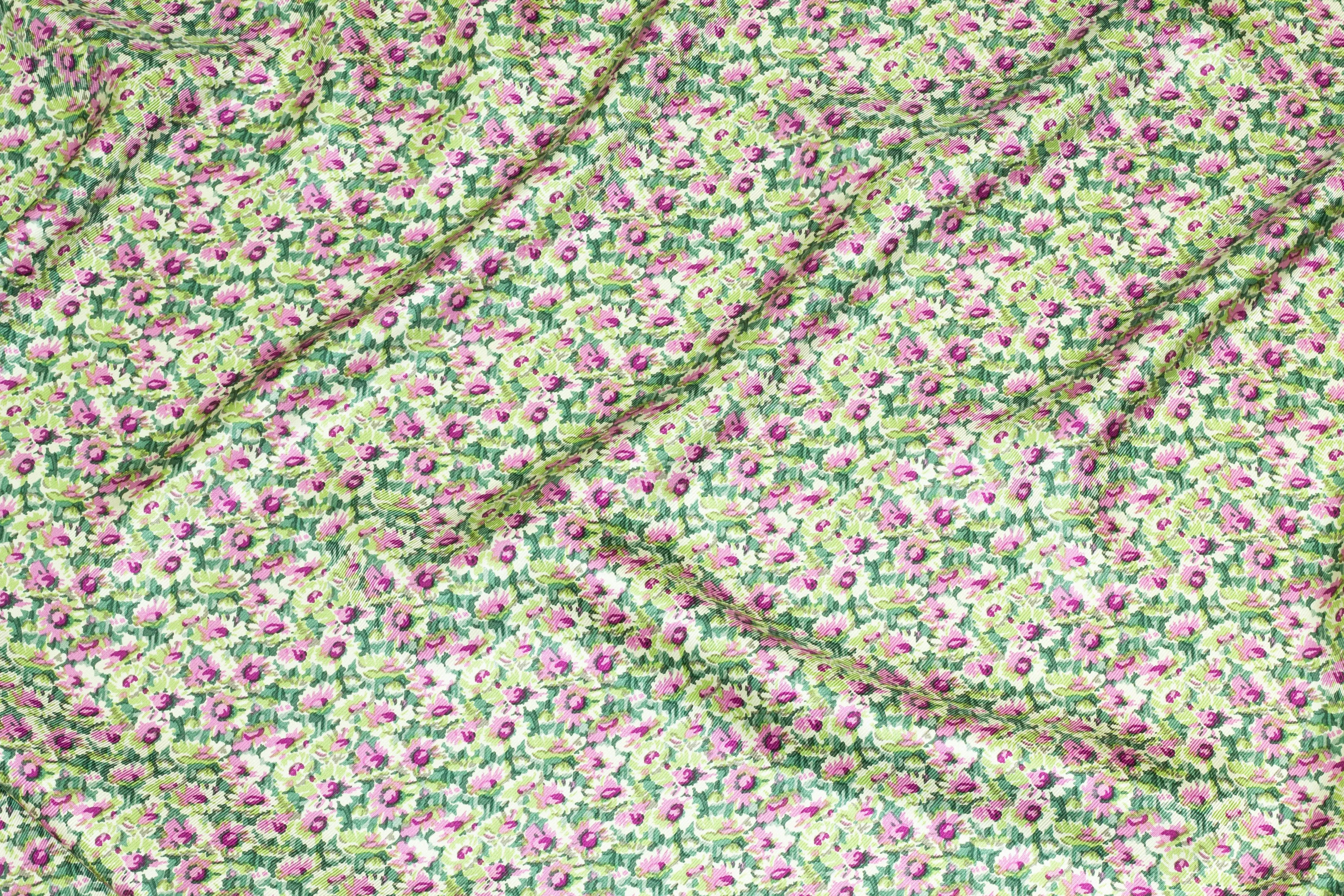 Green and Purple Ditsy Floral Silk Twill