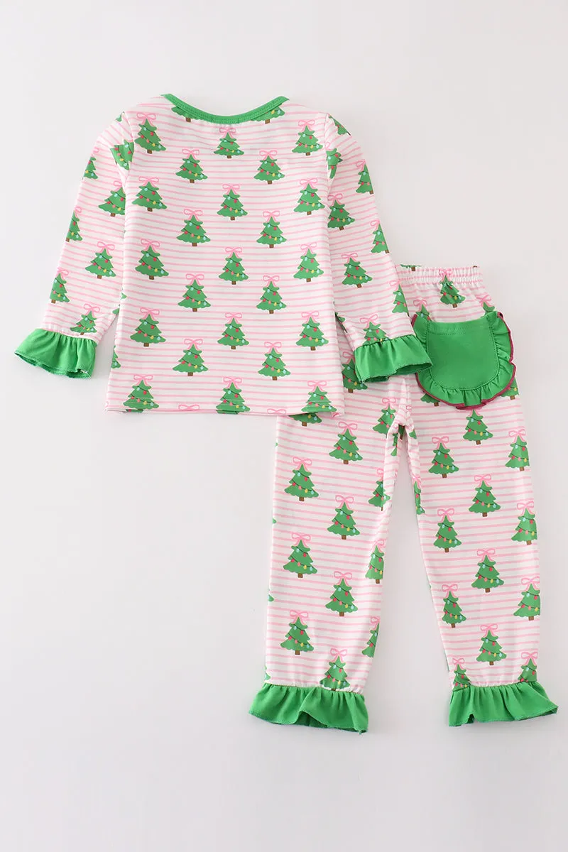 Green christmas tree print ruffle girl pajamas set