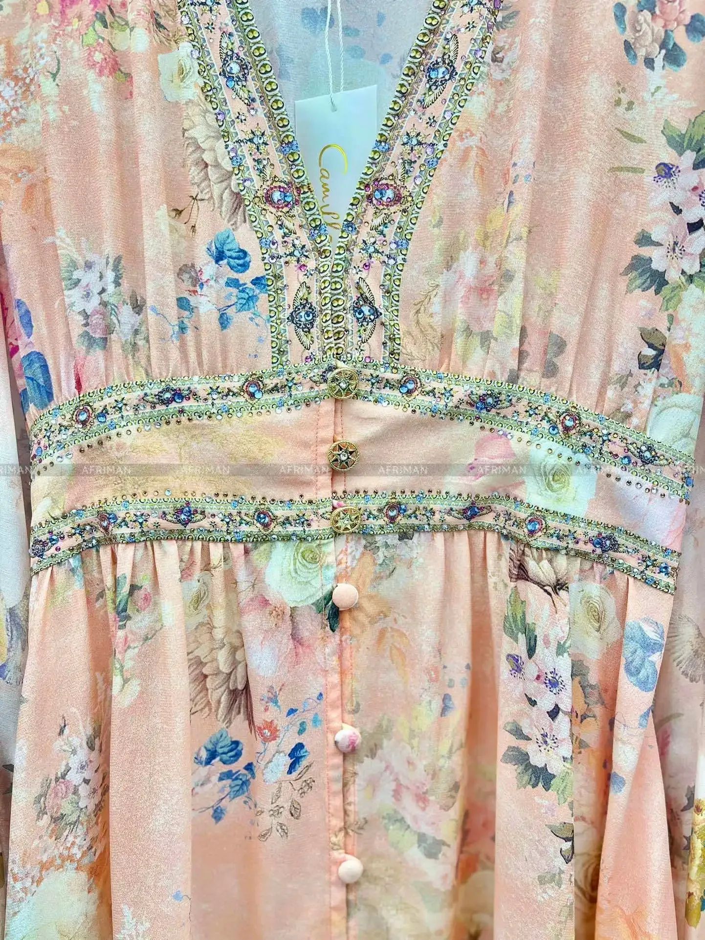 High End Designer Jeweled Silk Dress Silk Women V Neck Crystal Beaded Pink Flower Print Elastic Waist Multi-layer Mini Silk Dress