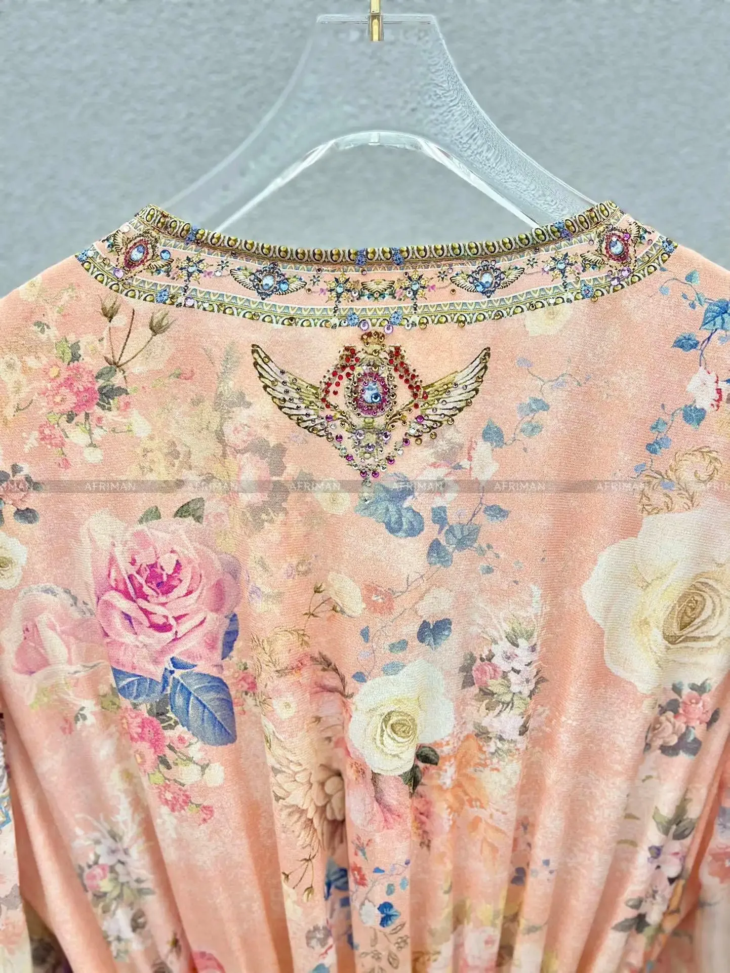 High End Designer Jeweled Silk Dress Silk Women V Neck Crystal Beaded Pink Flower Print Elastic Waist Multi-layer Mini Silk Dress