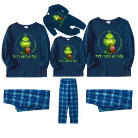 'I Hate People But I love My Dog' Text With Green Cartoon Characters and Dog Pattern Blue Top Sky Blue Plaid Pants Family Matching Pajamas