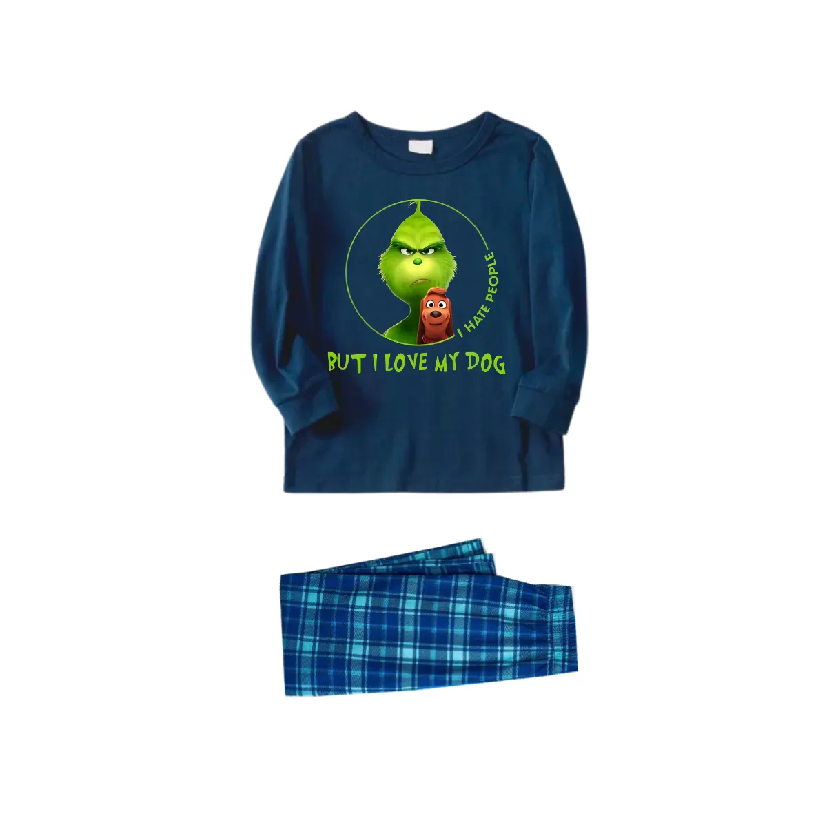 'I Hate People But I love My Dog' Text With Green Cartoon Characters and Dog Pattern Blue Top Sky Blue Plaid Pants Family Matching Pajamas