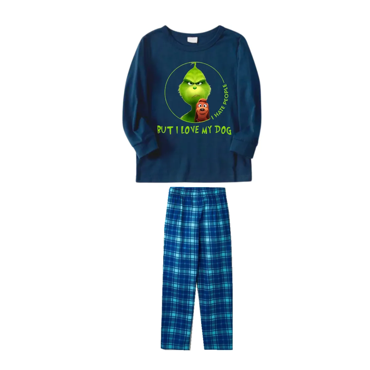 'I Hate People But I love My Dog' Text With Green Cartoon Characters and Dog Pattern Blue Top Sky Blue Plaid Pants Family Matching Pajamas