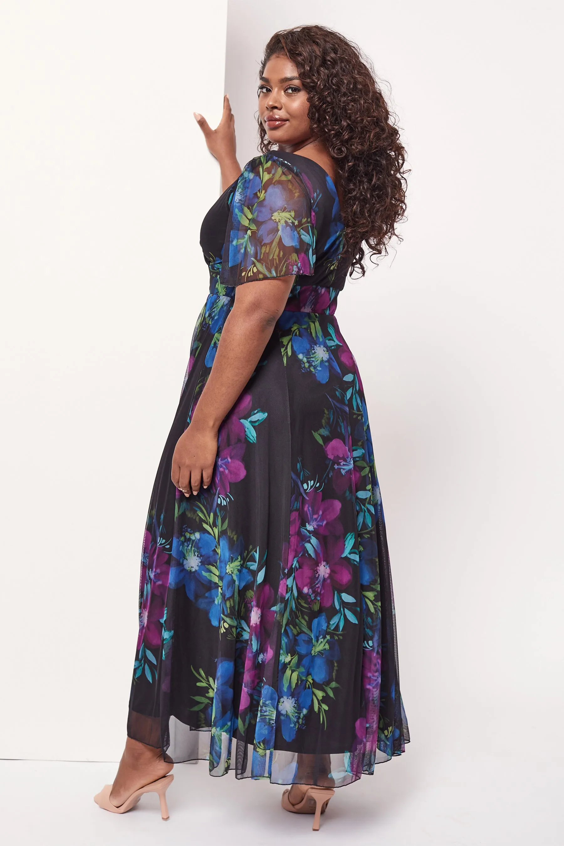 Isabelle Black Purple Teal Float Sleeve Maxi Dress