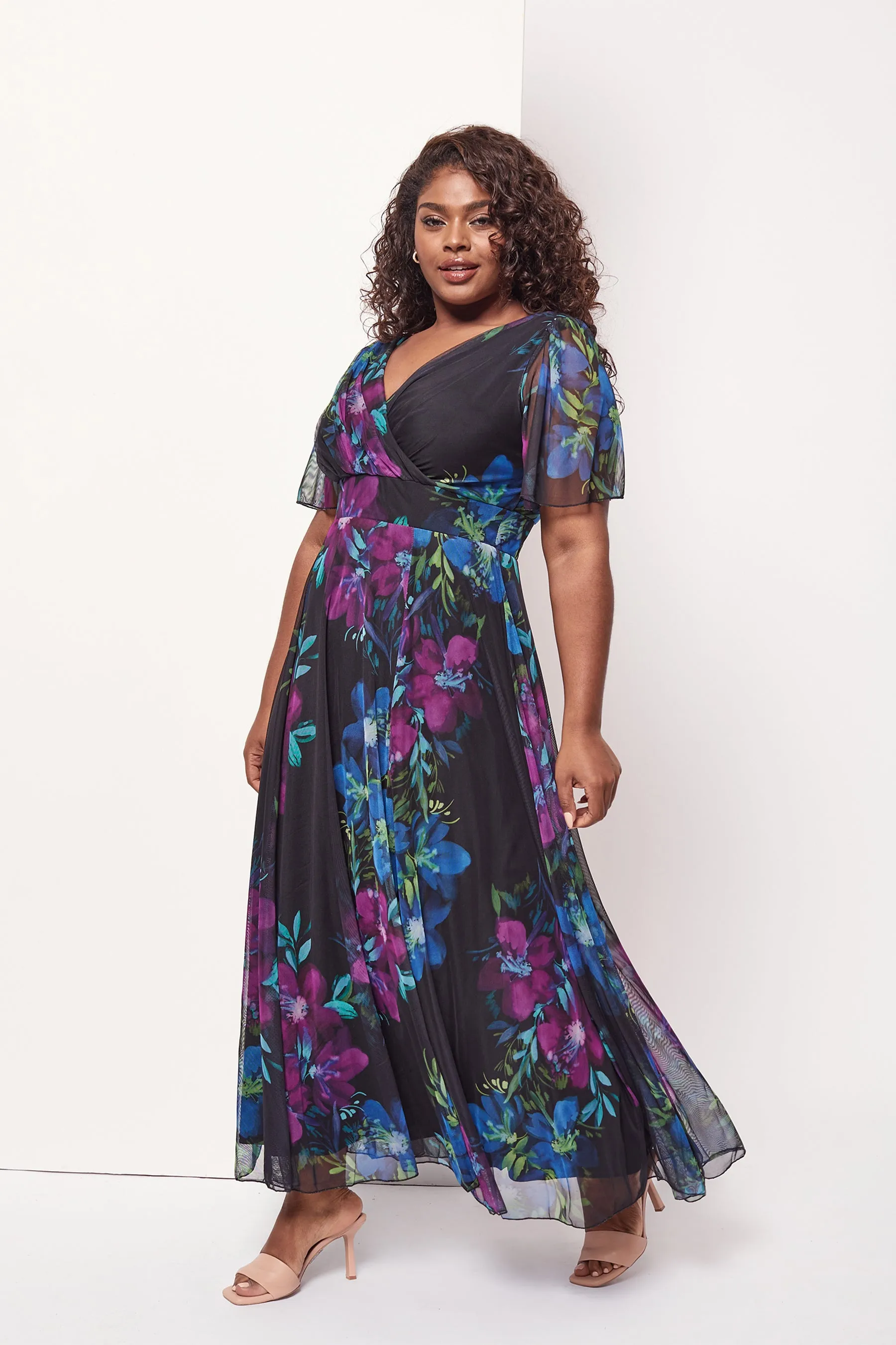 Isabelle Black Purple Teal Float Sleeve Maxi Dress