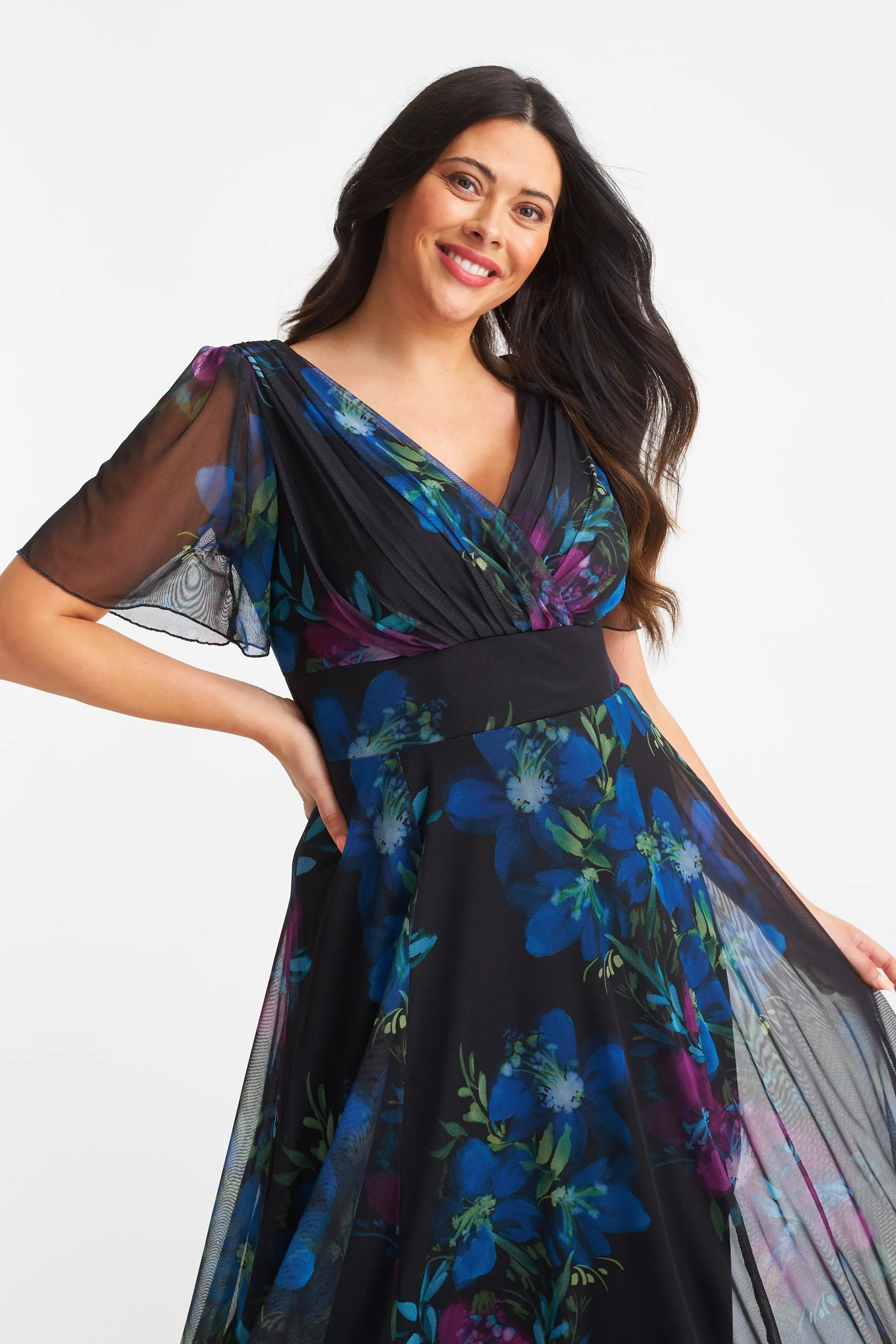 Isabelle Black Purple Teal Float Sleeve Maxi Dress