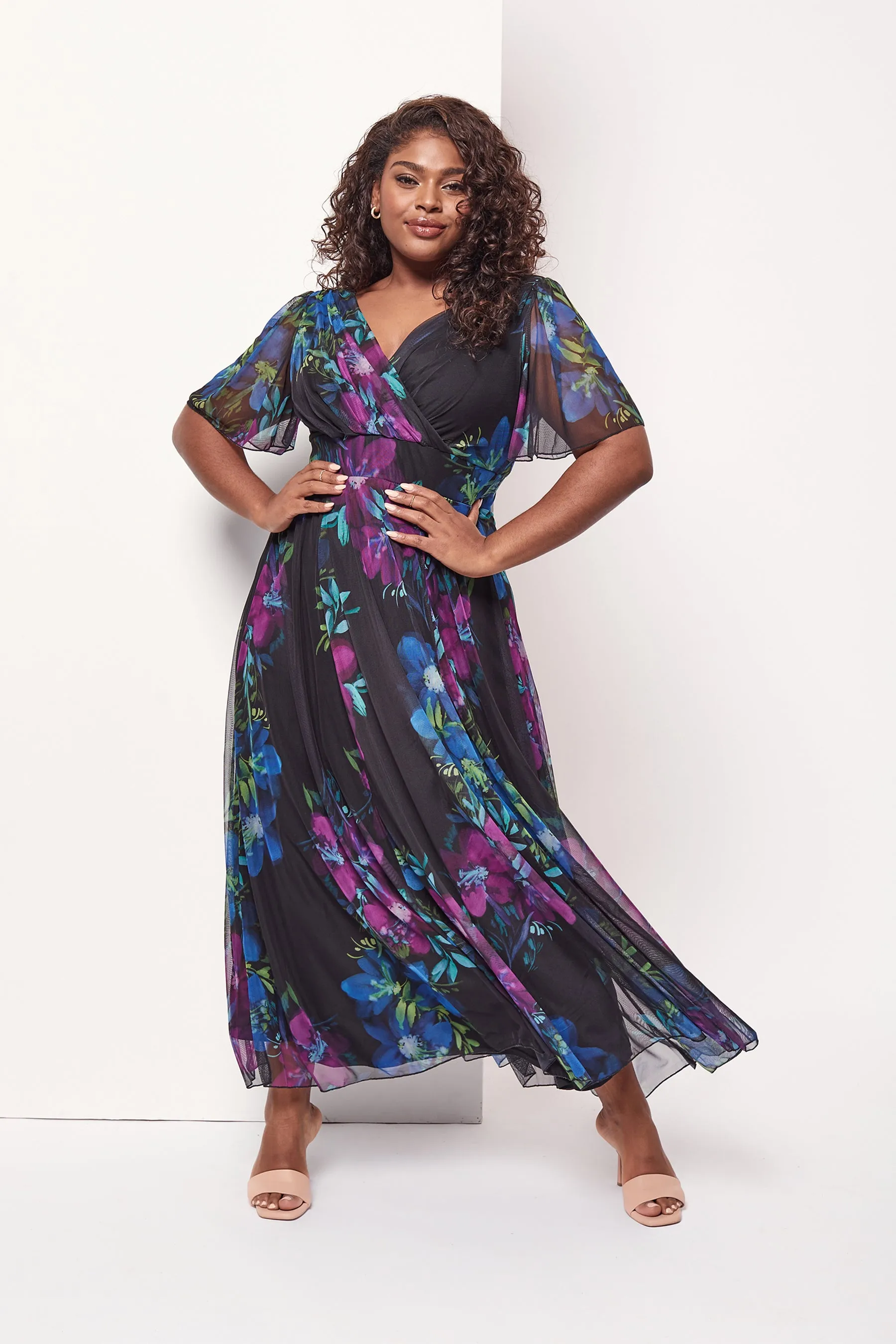 Isabelle Black Purple Teal Float Sleeve Maxi Dress