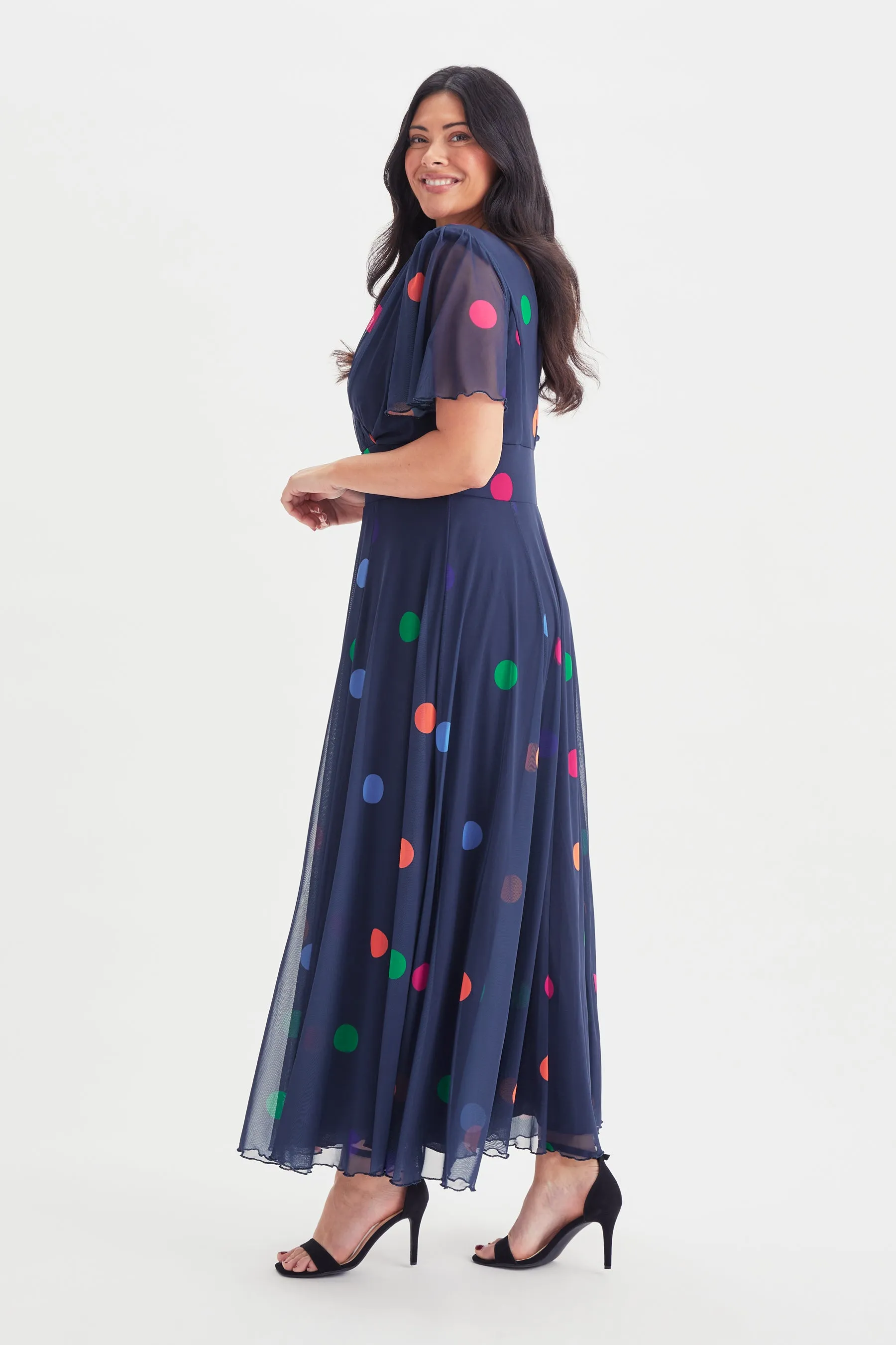 Isabelle Navy Polka Float Sleeve Maxi Dress