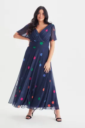 Isabelle Navy Polka Float Sleeve Maxi Dress