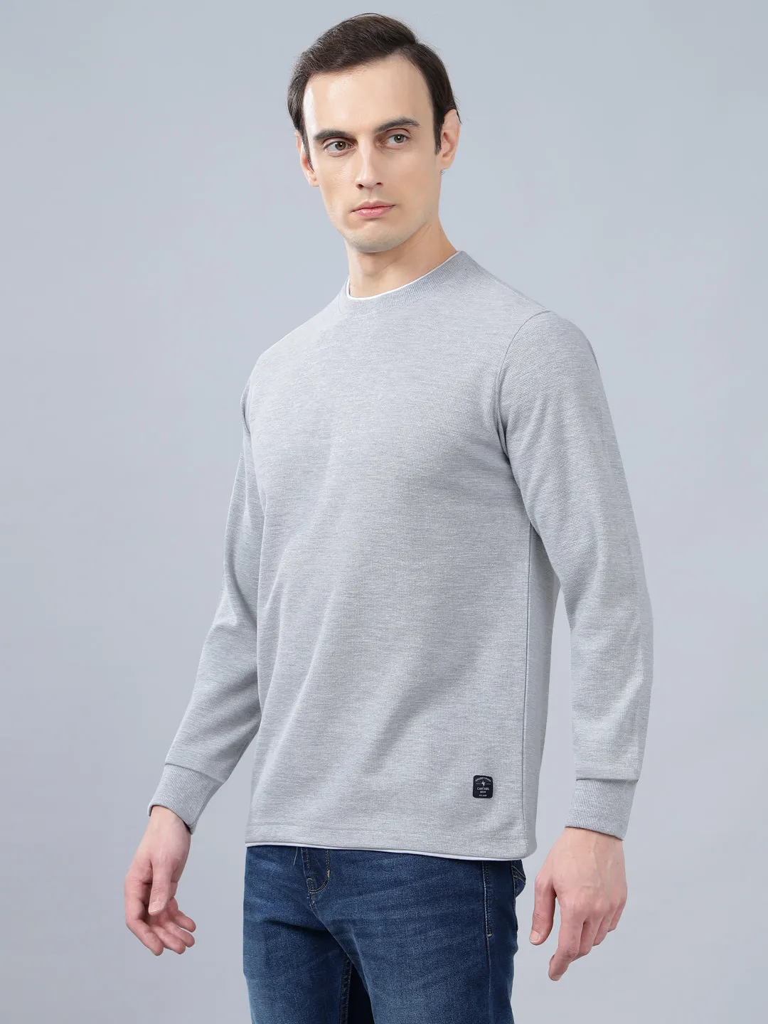 Men's Grey Self Design Full Sleeves T-shirt For Winter