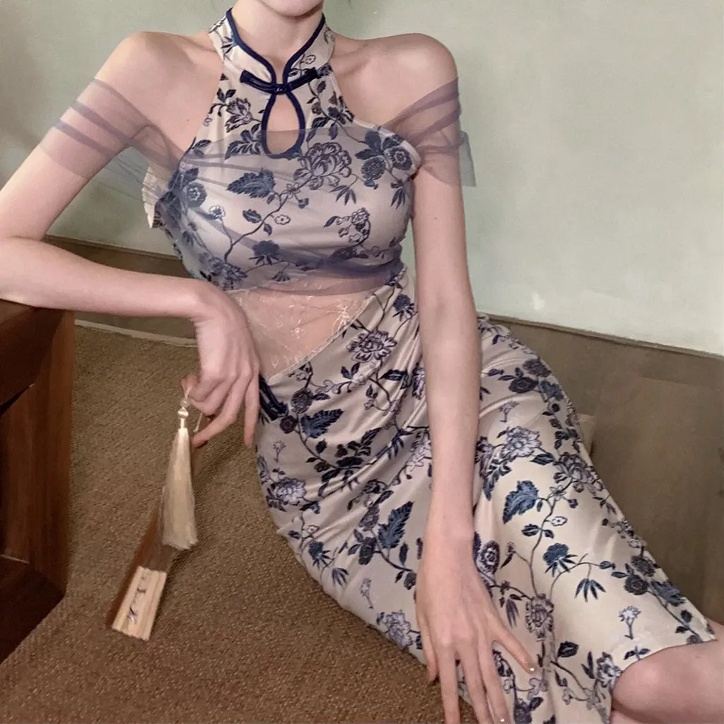 Mesh Lace Stitching Cheongsam Vintage Dress