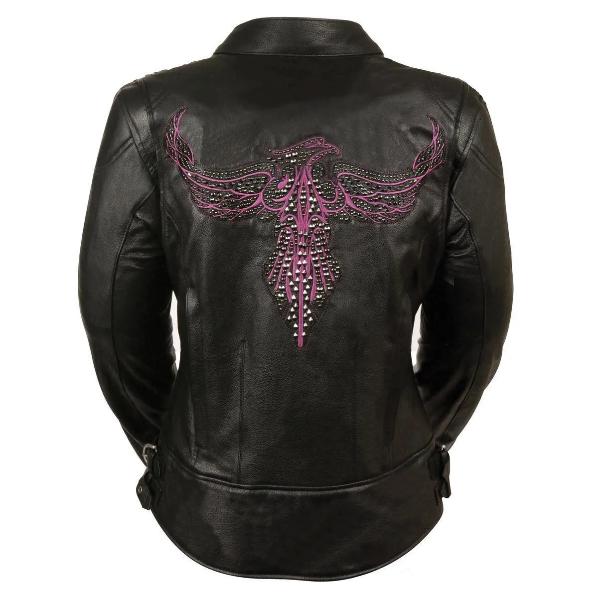 Milwaukee Leather MLL2570 Women's Black Fuchsia Pink Leather Jacket with Phoenix Studding and Embroidery