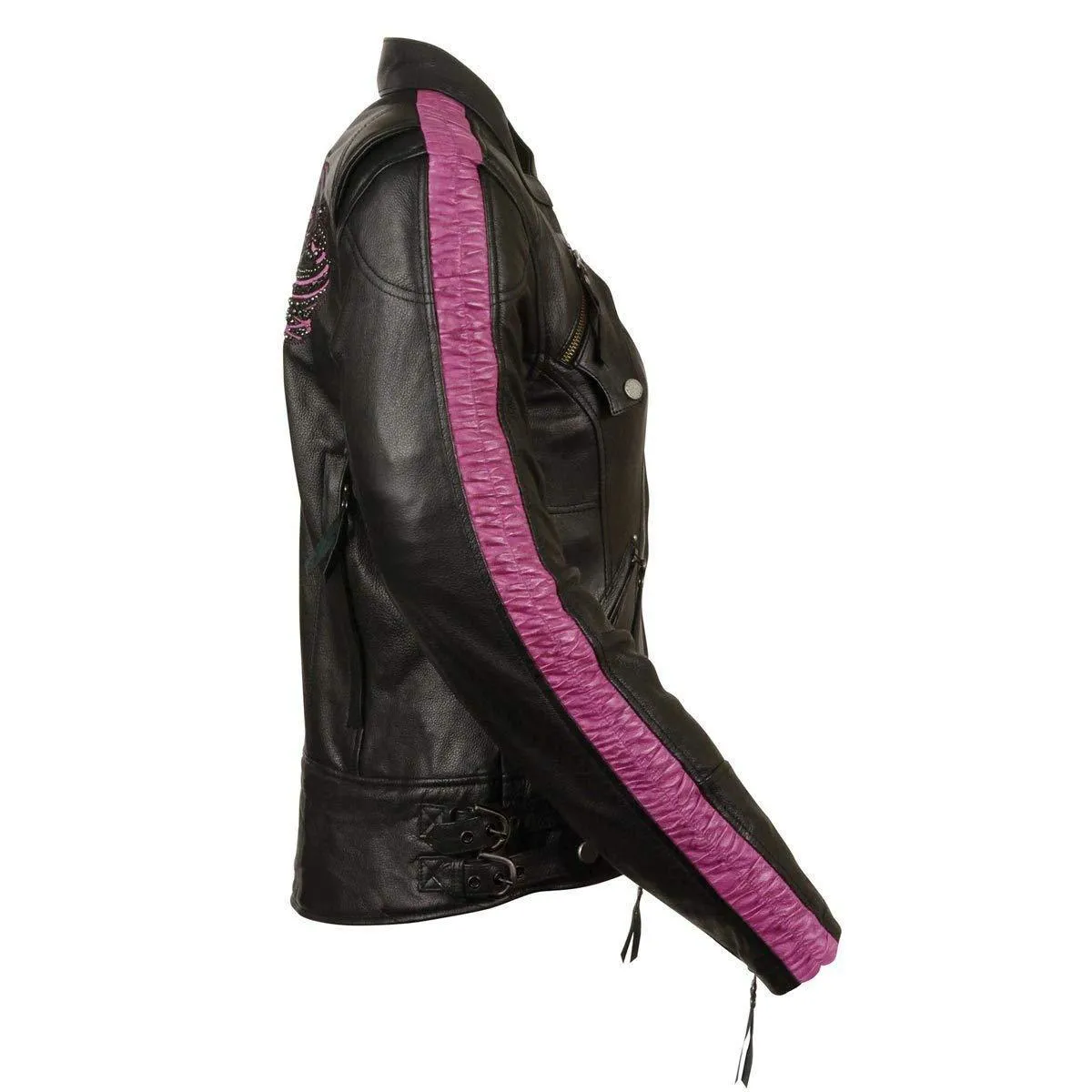 Milwaukee Leather MLL2570 Women's Black Fuchsia Pink Leather Jacket with Phoenix Studding and Embroidery