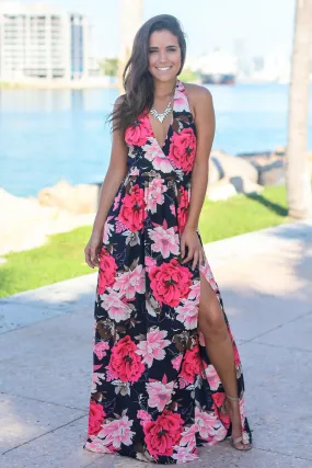 Navy Floral Maxi Dress with Side Slit