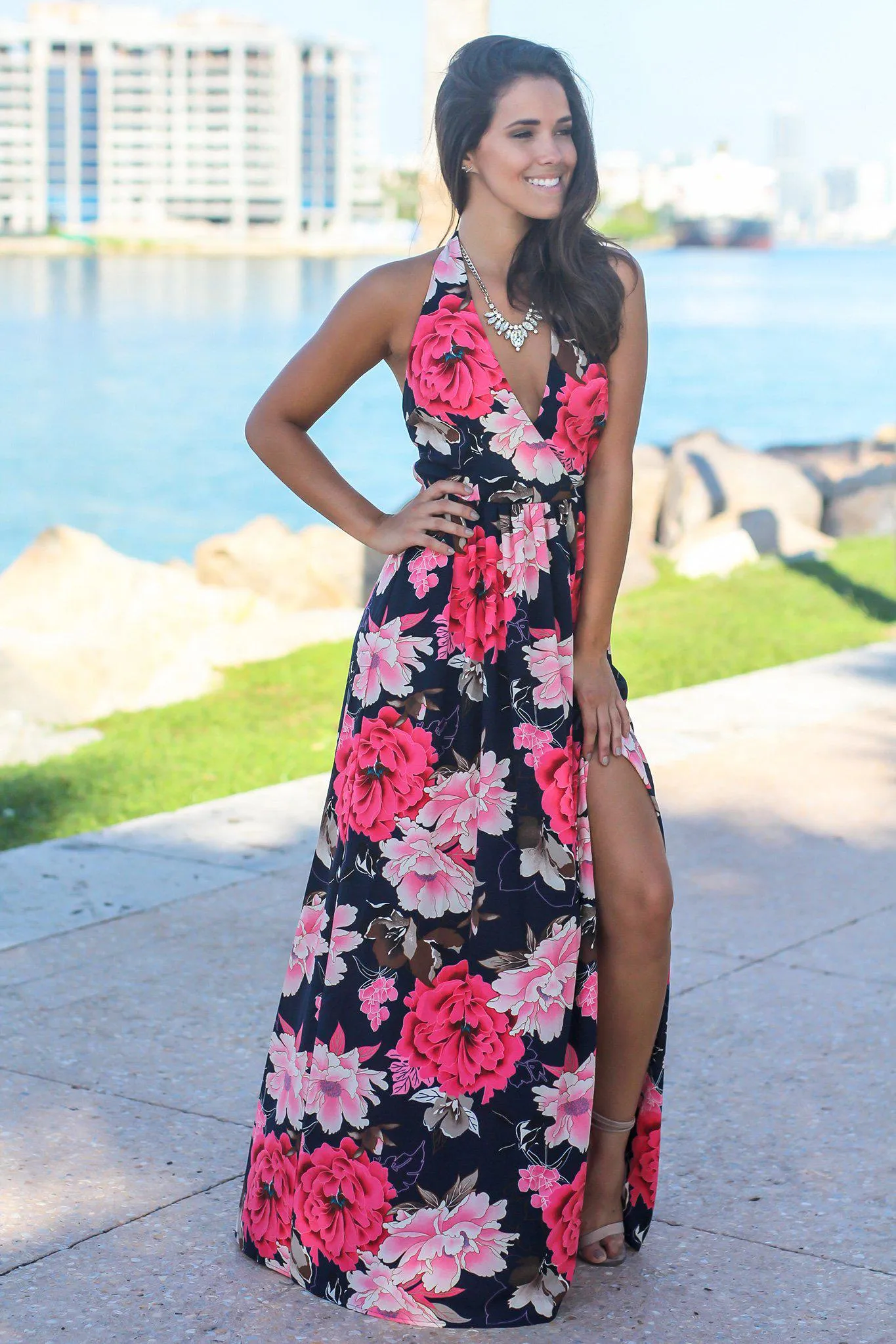 Navy Floral Maxi Dress with Side Slit