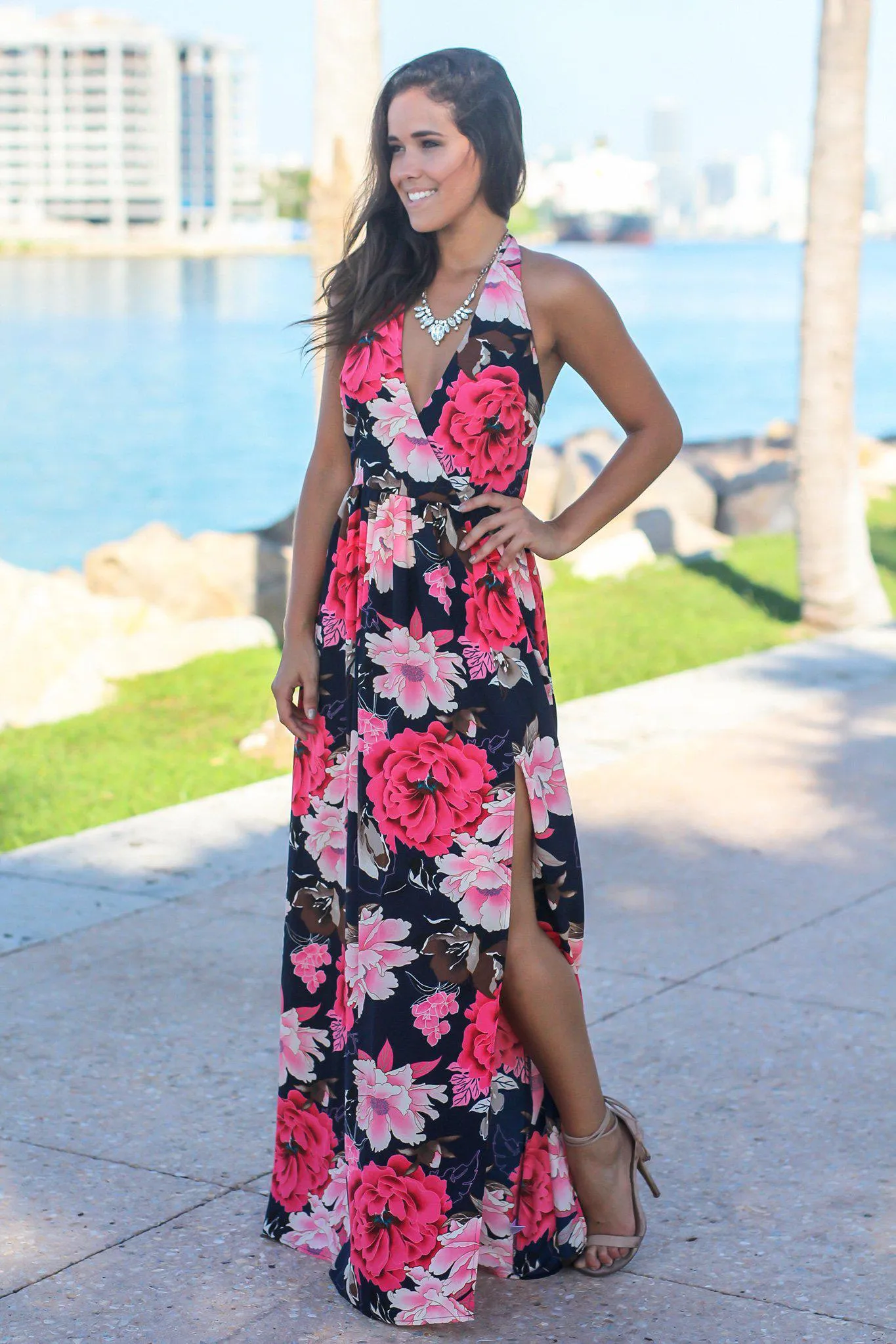 Navy Floral Maxi Dress with Side Slit