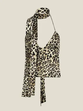 Neva Leopard Print Scarf Tie Halter Top