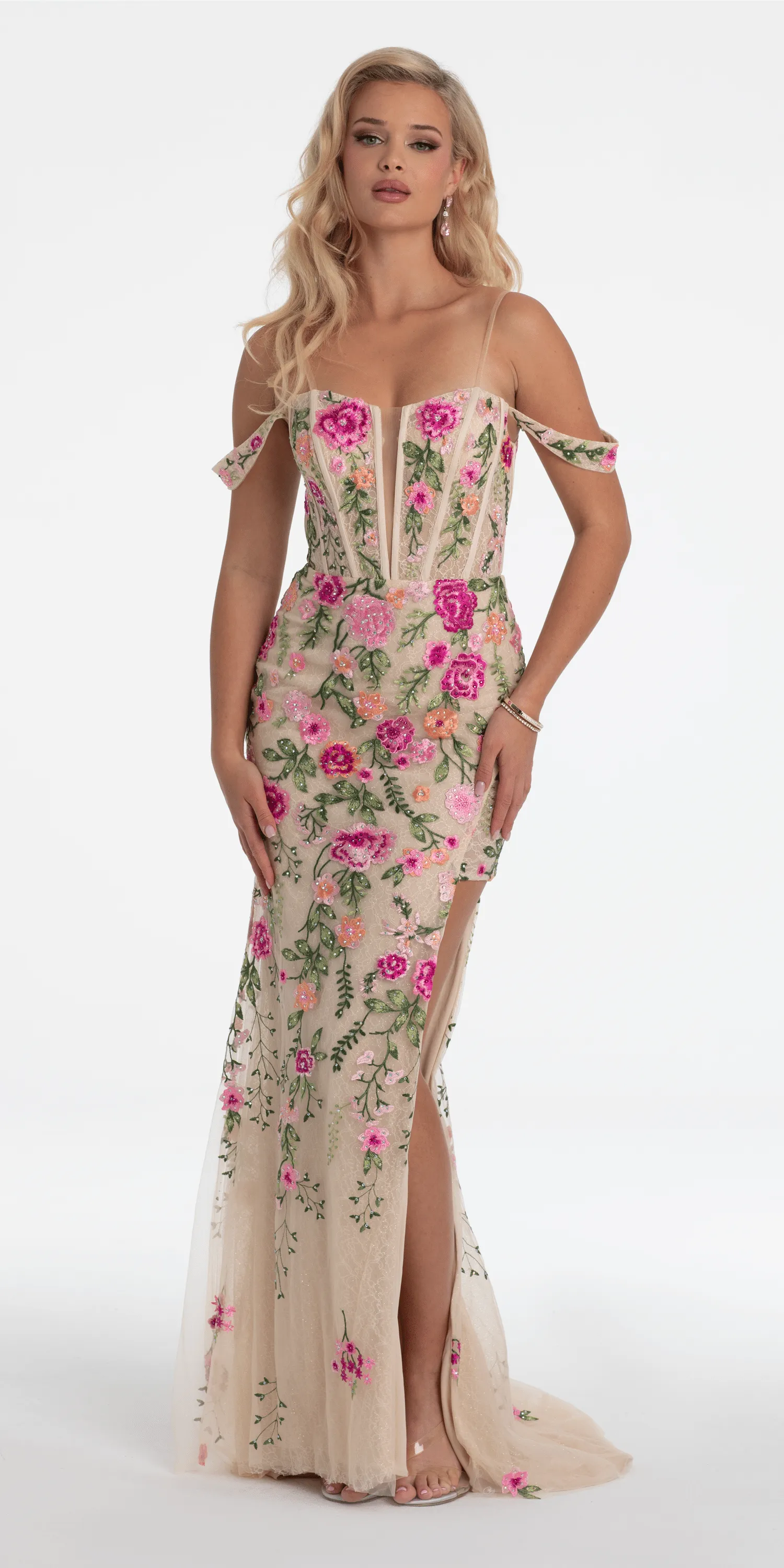 Off the Shoulder Floral Embroidered Column Dress