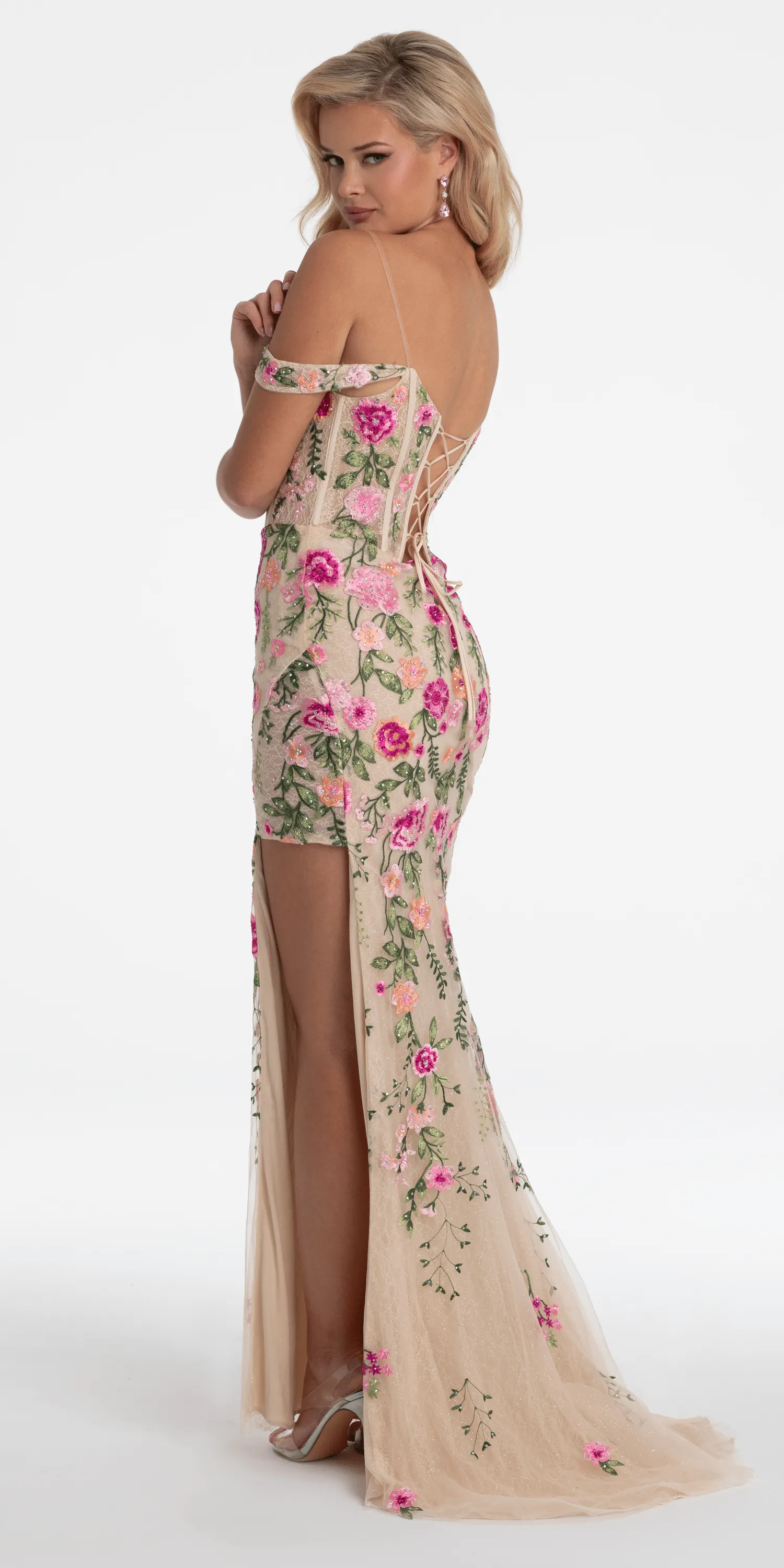 Off the Shoulder Floral Embroidered Column Dress