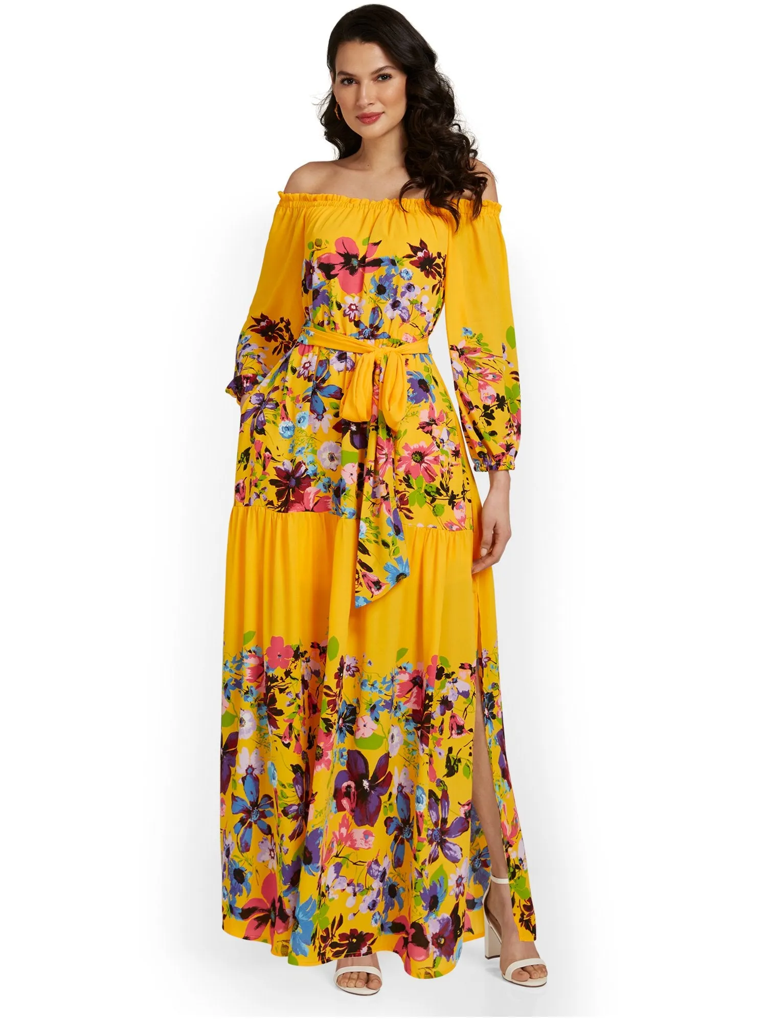 Petite Floral-Print Off-The-Shoulder Maxi Dress