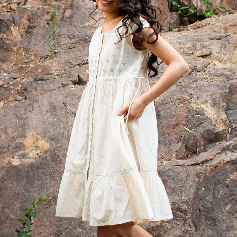 Pure Cotton Sleeveless Dress | Off-White | Hand Embroidered