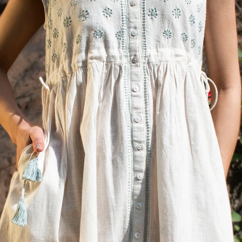 Pure Cotton Sleeveless Dress | Off-White | Hand Embroidered