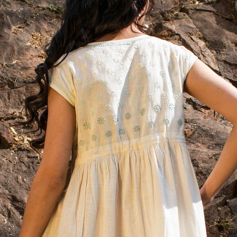 Pure Cotton Sleeveless Dress | Off-White | Hand Embroidered